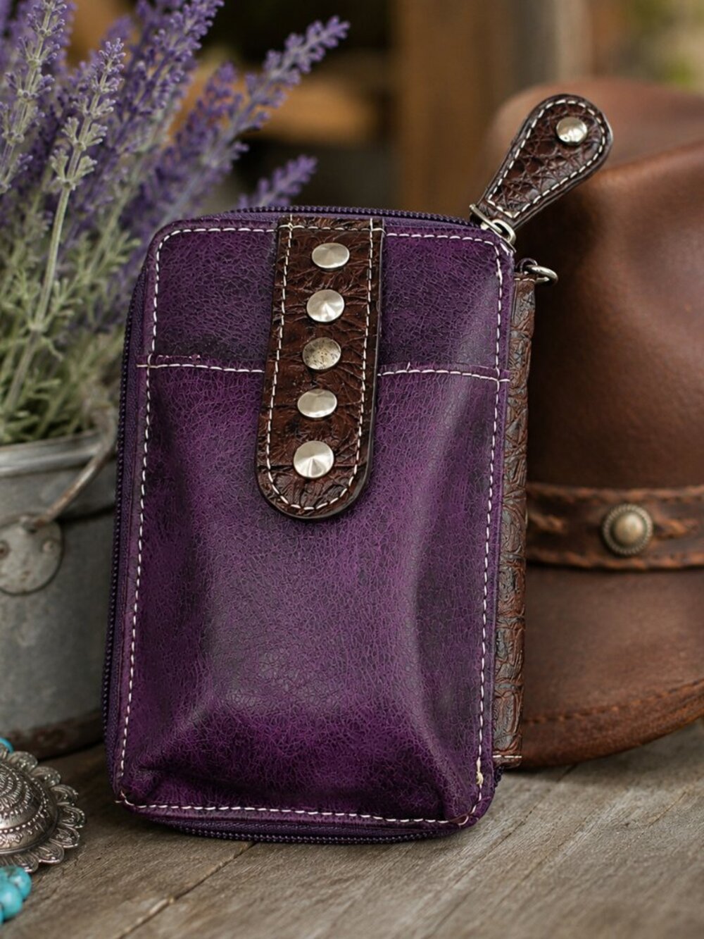 Savana Purple Brown Western Zip Around Wristlet Wallet